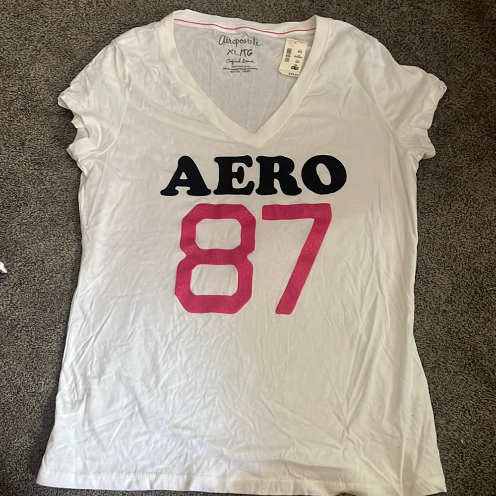 Aeropostale v neck t-shirt with black velvet and pink sparkly lettering